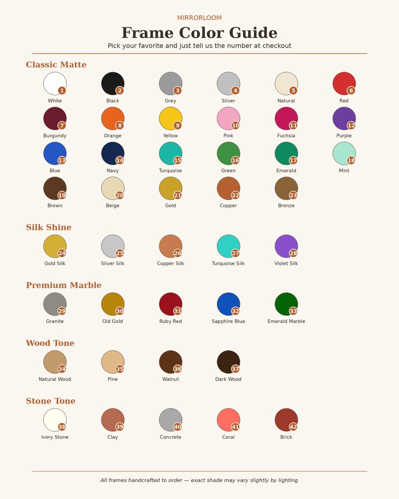 Mirrorloom acrylic frame color guide with dozens of finish options