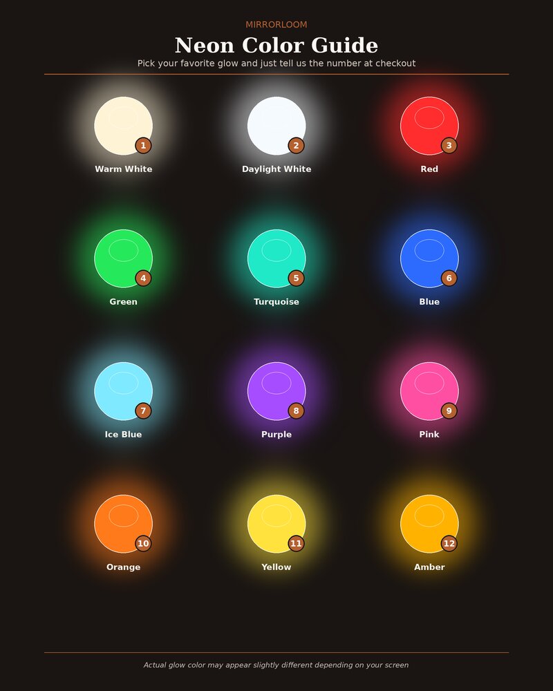 Mirrorloom LED neon color guide with 12 glow color options